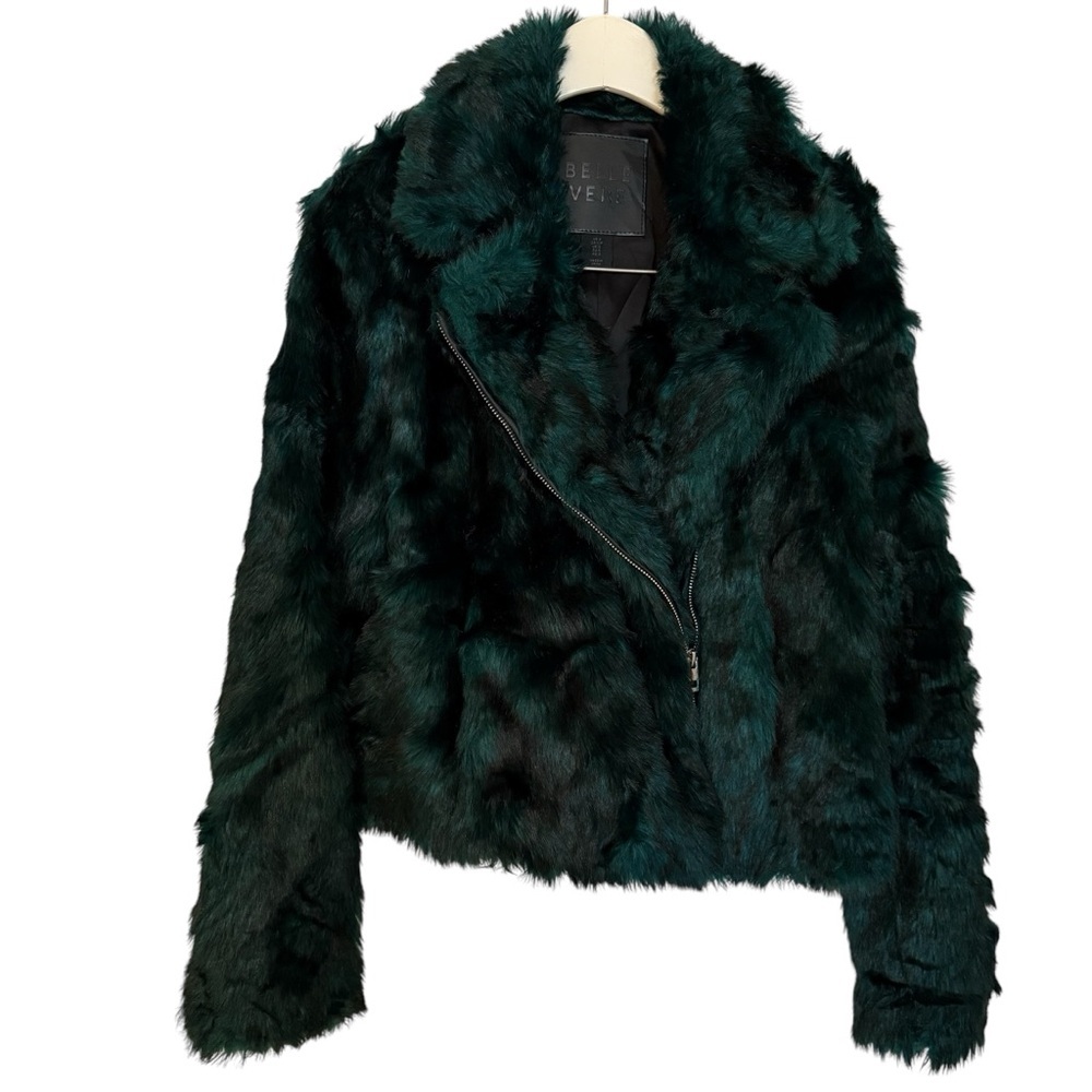 Belle Vere Size Small Faux Fur Emerald Green & Black Moto Style Jacket EUC